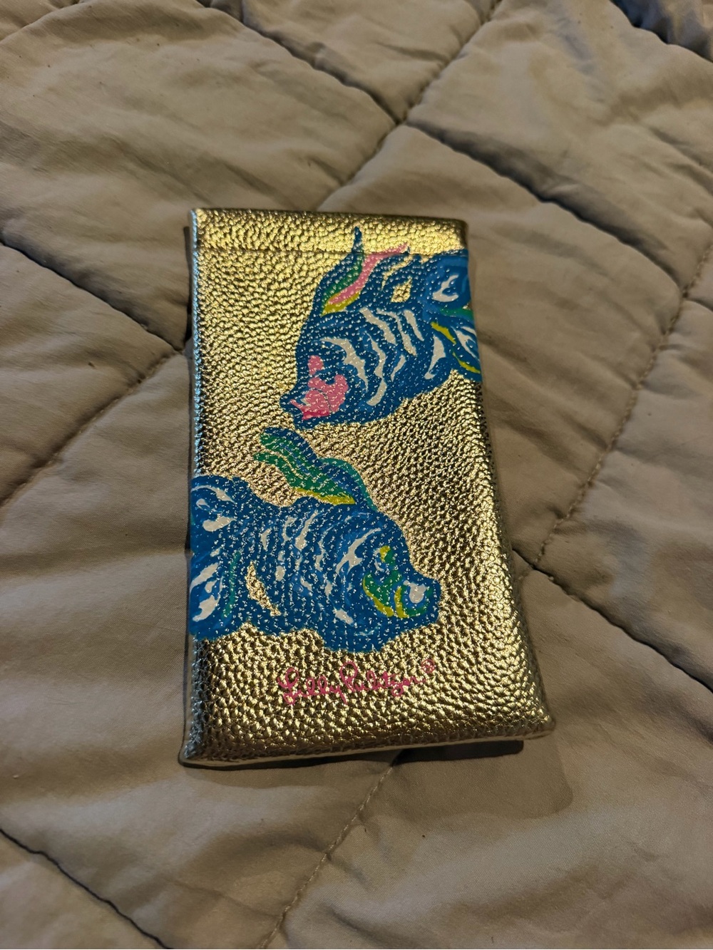 Lilly Pulitzer Gold Metallic sunglasses case with Blue & Pink Fish Design